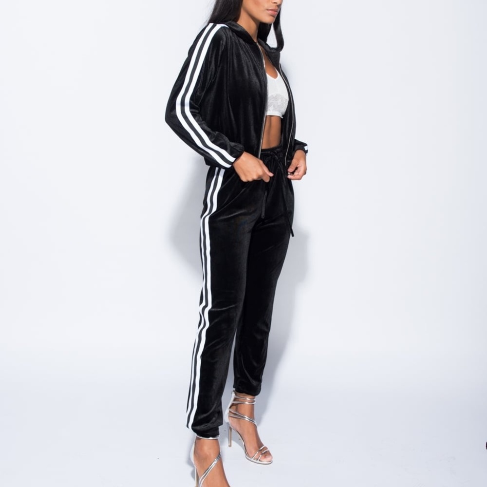 BLOGGER STYLE Velvet Side Stripe Hooded Tracksuit - Picture 3 of 7